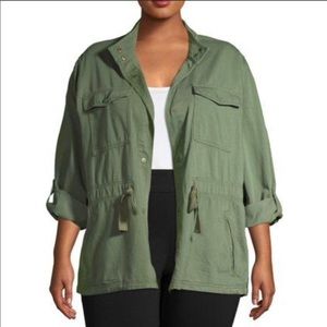 Terra & Sky Women's 14W Military Style Jacket Green Roll Tab Sleeves Button Up